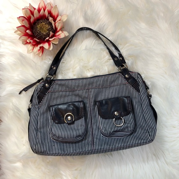 Handbags - Blue and White Striped Canvas Shoulder Bag